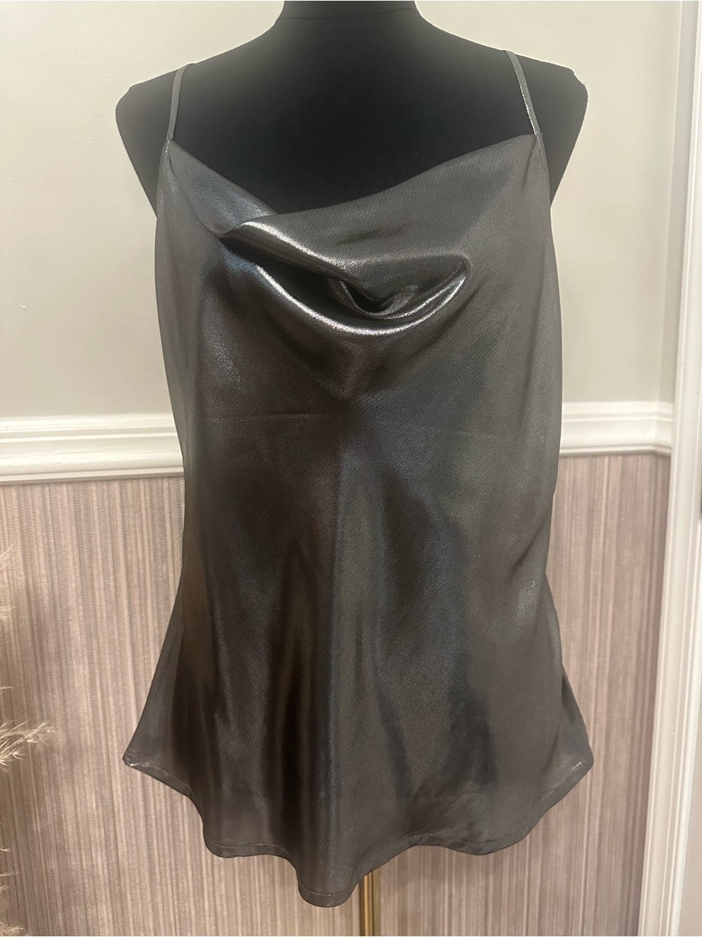 Express Large Metallic Gunmetal Cowl Neck Cami Top Y2K Party Going Out